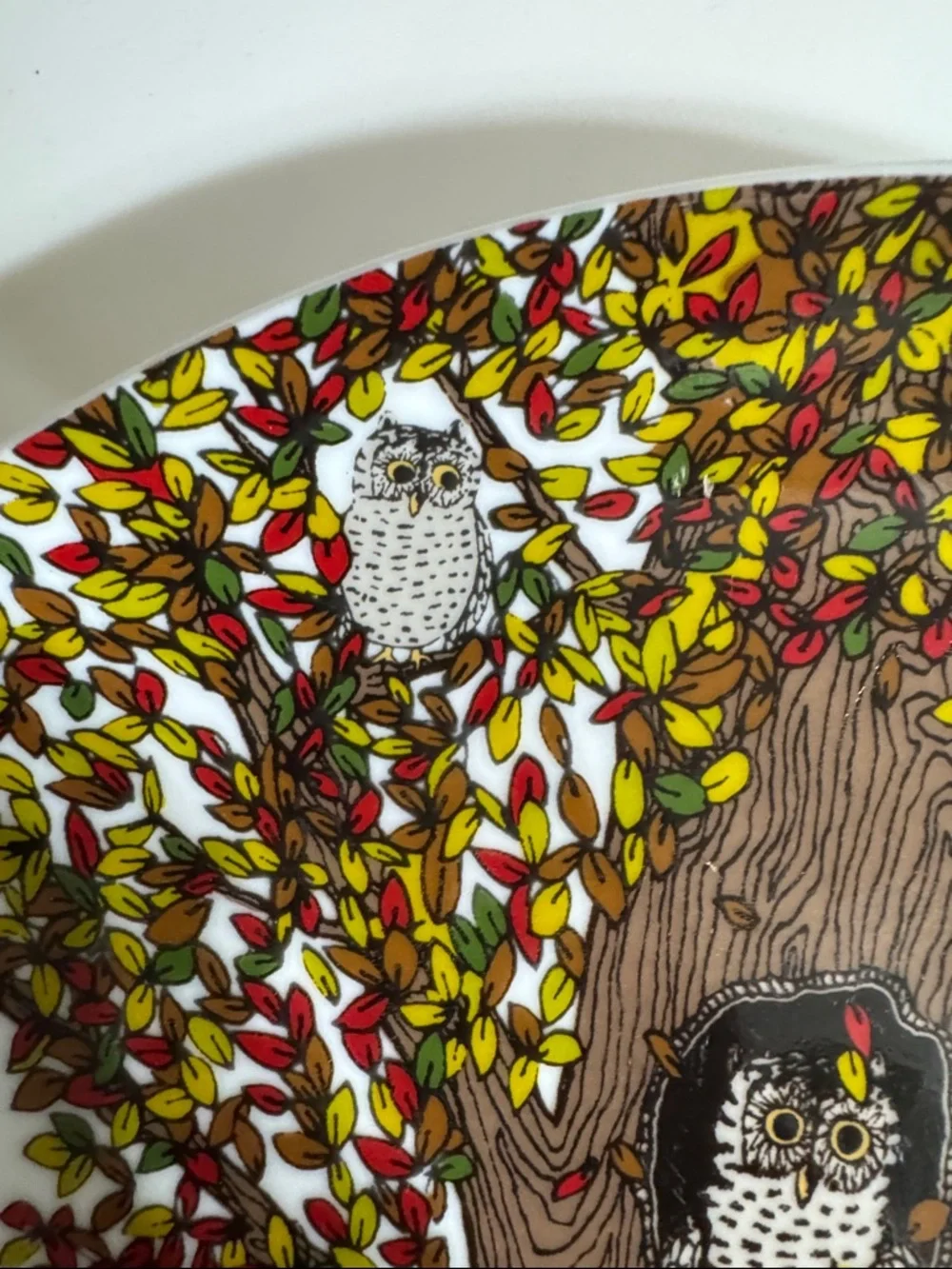 West Elm Whimsical White Ceramic Owl Tree Plate with Brown Trunk